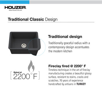 Houzer Platus 26'' Fireclay Undermount Single Bowl Kitchen Sink, Classic Design