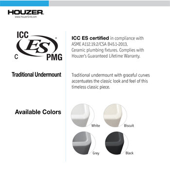 Houzer Platus 26'' Fireclay Undermount Single Bowl Kitchen Sink, Available Colors