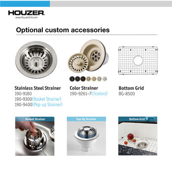 Houzer Platus 26'' Fireclay Undermount Single Bowl Kitchen Sink, Custom Accessories
