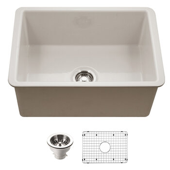 Houzer Platus 26'' Fireclay Undermount Single Bowl Kitchen Sink Combo with Basket Strainer and Basin Grid, Biscuit Combo Included Items