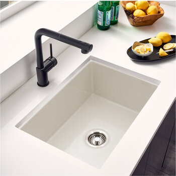 Houzer Platus 26'' Fireclay Undermount Single Bowl Kitchen Sink, Biscuit In Use Kitchen Overhead View