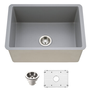 Houzer Platus 26'' Fireclay Undermount Single Bowl Kitchen Sink Combo with Basket Strainer and Basin Grid, Gray Combo Included Items
