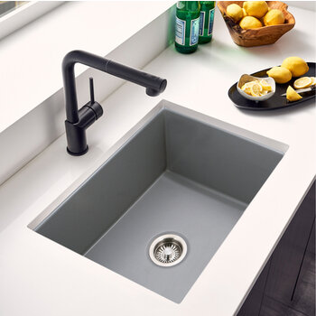 Houzer Platus 26'' Fireclay Undermount Single Bowl Kitchen Sink, Gray In Use Kitchen Overhead View