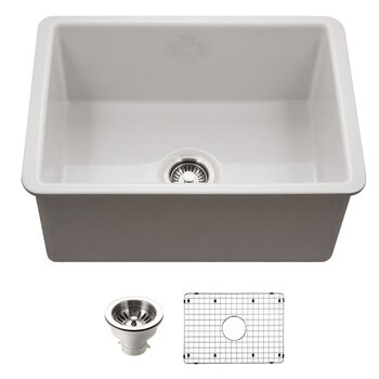 Houzer Platus 26'' Fireclay Undermount Single Bowl Kitchen Sink Combo with Basket Strainer and Basin Grid, White Combo Included Items