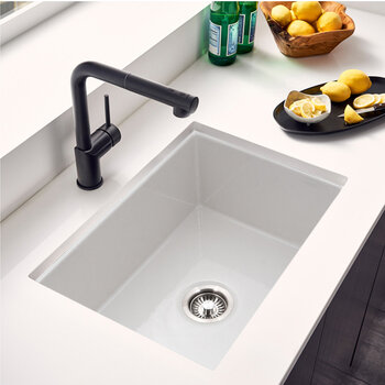 Houzer Platus 26'' Fireclay Undermount Single Bowl Kitchen Sink, White In Use Kitchen Overhead View