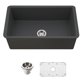Houzer Platus 32'' Fireclay Undermount Single Bowl Kitchen Sink Combo with Basket Strainer and Basin Grid, Black Combo Included Items