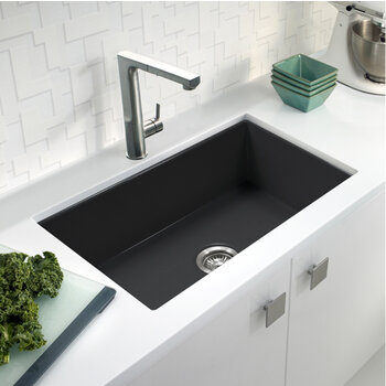 Houzer Platus 32'' Fireclay Undermount Single Bowl Kitchen Sink, Black In Use Kitchen Overhead View