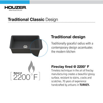 Houzer Platus 32'' Fireclay Undermount Single Bowl Kitchen Sink, Classic Design