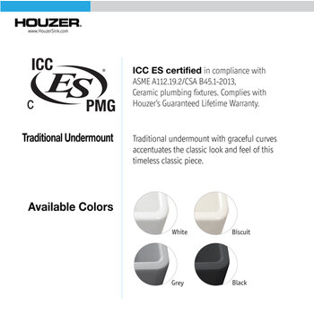 Houzer Platus 32'' Fireclay Undermount Single Bowl Kitchen Sink, Available Colors