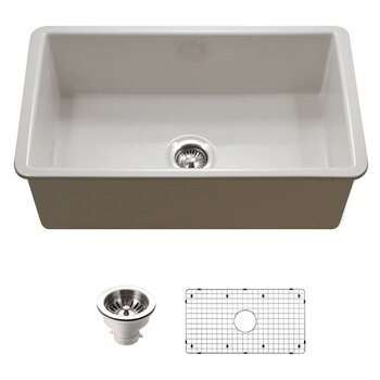 Houzer Platus 32'' Fireclay Undermount Single Bowl Kitchen Sink Combo with Basket Strainer and Basin Grid, Biscuit Combo Included Items