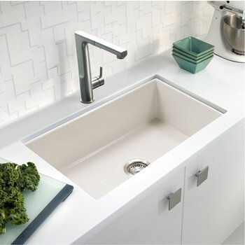Houzer Platus 32'' Fireclay Undermount Single Bowl Kitchen Sink, Biscuit In Use Kitchen Overhead View