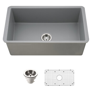 Houzer Platus 32'' Fireclay Undermount Single Bowl Kitchen Sink Combo with Basket Strainer and Basin Grid, Gray Combo Included Items