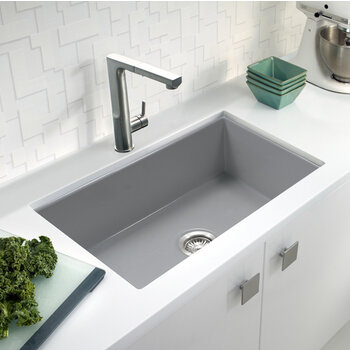 Houzer Platus 32'' Fireclay Undermount Single Bowl Kitchen Sink, Gray In Use Kitchen Overhead View