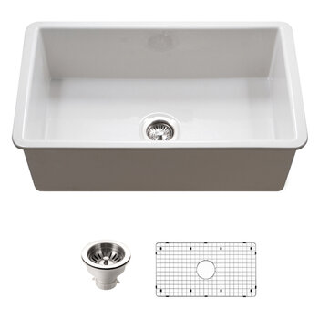 Houzer Platus 32'' Fireclay Undermount Single Bowl Kitchen Sink Combo with Basket Strainer and Basin Grid, White Combo Included Items