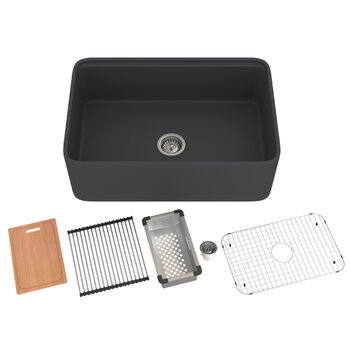 Houzer Aspire 30'' Fireclay Farmhouse Apron Front Single Bowl Workstation Sink with Accessories, 30'' Black Combo Included Items
