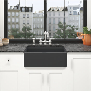 Houzer Aspire 30'' Fireclay Farmhouse Apron Front Single Bowl Workstation Sink with Accessories, 30'' Black In Use Kitchen View