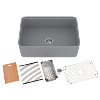 Houzer Aspire 30'' Fireclay Farmhouse Apron Front Single Bowl Workstation Sink with Accessories, 30'' Gray Combo Included Items