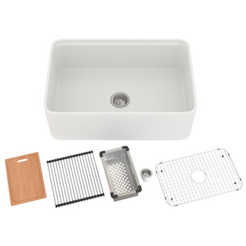 Houzer Aspire 30'' Fireclay Farmhouse Apron Front Single Bowl Workstation Sink with Accessories, 30'' Matte White Combo Included Items