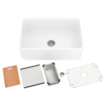 Houzer Aspire 30'' Fireclay Farmhouse Apron Front Single Bowl Workstation Sink with Accessories, 30'' White Combo Included Items
