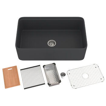 Houzer Aspire 33'' Fireclay Farmhouse Apron Front Single Bowl Workstation with Accessories, 33'' Black Combo Included Items