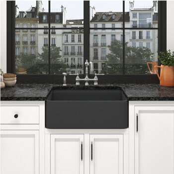 Houzer Aspire 33'' Fireclay Farmhouse Apron Front Single Bowl Workstation with Accessories, 33'' Black In Use Kitchen View