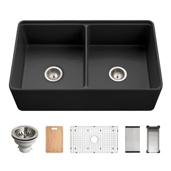 Houzer Aspire 33'' Fireclay Farmhouse Apron Front 50/50 Double Bowl Workstation Sink with Accessories, Black Combo Included Items