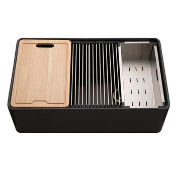 Houzer Aspire 33'' Fireclay Farmhouse Apron Front 50/50 Double Bowl Workstation Sink with Accessories, Black Product View