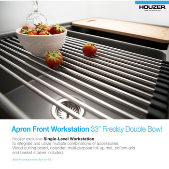 Houzer Aspire 33'' Fireclay Farmhouse Apron Front 50/50 Double Bowl Workstation Sink with Accessories, Workstation Info