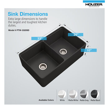 Houzer Aspire 33'' Fireclay Farmhouse Apron Front 50/50 Double Bowl Workstation Sink with Accessories, Dimensions