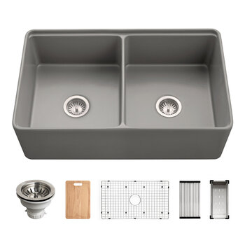 Houzer Aspire 33'' Fireclay Farmhouse Apron Front 50/50 Double Bowl Workstation Sink with Accessories, Gray Combo Included Items