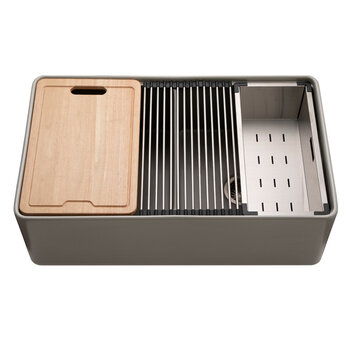 Houzer Aspire 33'' Fireclay Farmhouse Apron Front 50/50 Double Bowl Workstation Sink with Accessories, Gray Product View
