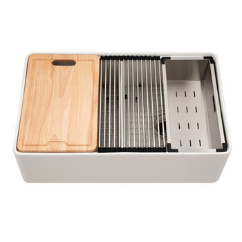 Houzer Aspire 33'' Fireclay Farmhouse Apron Front 50/50 Double Bowl Workstation Sink with Accessories, Matte White Product View