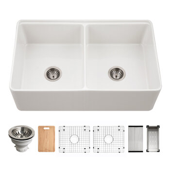 Houzer Aspire 33'' Fireclay Farmhouse Apron Front 50/50 Double Bowl Workstation Sink with Accessories, White Combo Included Items