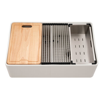 Houzer Aspire 33'' Fireclay Farmhouse Apron Front 50/50 Double Bowl Workstation Sink with Accessories, White Product View