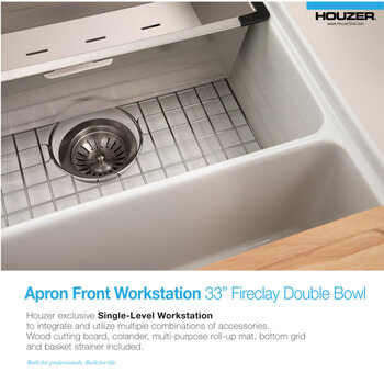 Houzer Aspire 33'' Fireclay Farmhouse Apron Front 50/50 Double Bowl Workstation Sink with Accessories, White Workstation Info