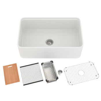 Houzer Aspire 33'' Fireclay Farmhouse Apron Front Single Bowl Workstation with Accessories, 33'' Matte White Combo Included Items