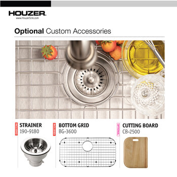 Houzer Eston 32'' Stainless Steel Undermount Single Bowl Kitchen Sink Combo with Strainer and Grid, Custom Accessories