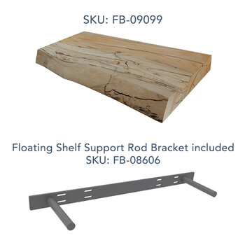 Federal Brace Live Edge Floating Shelf with 2-Rod Shelf Support Bracket, Carry Capacity: 200 lbs, 24'' W x 9'' - 12'' D x 2-1/4'' H, Sycamore Included Items