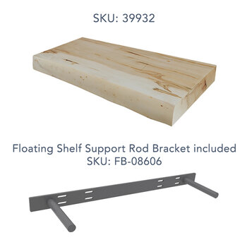 Federal Brace Live Edge Floating Shelf with 2-Rod Shelf Support Bracket, Carry Capacity: 200 lbs, 24'' W x 9'' - 12'' D x 2-1/4'' H, Maple Included Items
