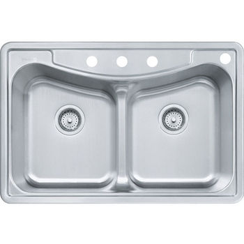 Franke Kinetic Double Bowl Topmount Kitchen Sink with 4 Holes, Silk Stainless Steel, 18 Gauge