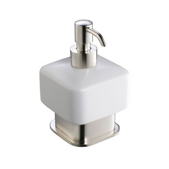 Fresca Solido Freestanding Lotion Dispenser in Brushed Nickel, Dimensions: 3-1/2" W x 3-1/2" D x 5-3/8" H