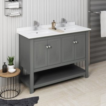 Fresca Manchester Regal 48" Gray Wood Veneer Traditional Double Sink Bathroom Vanity Base Cabinet w/ Top & Sinks, Vanity: 48" W x 20-2/5" D x 34-4/5" H