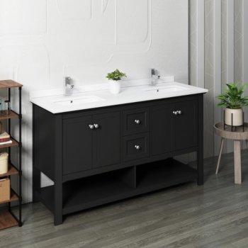 Fresca Manchester 60" Black Traditional Double Sink Bathroom Vanity Base Cabinet w/ Top & Sinks, Vanity: 60" W x 20-2/5" D x 34-4/5" H