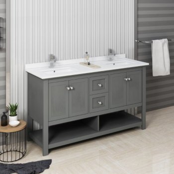 Fresca Manchester Regal 60" Gray Wood Veneer Traditional Double Sink Bathroom Vanity Base Cabinet w/ Top & Sinks, Vanity: 60" W x 20-2/5" D x 34-4/5" H