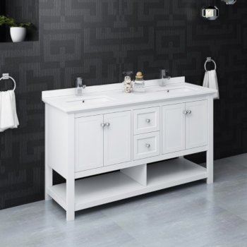 Fresca Manchester 60" White Traditional Double Sink Bathroom Vanity Base Cabinet w/ Top & Sinks, Vanity: 60" W x 20-2/5" D x 34-4/5" H