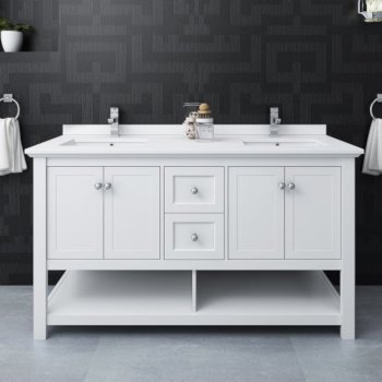 60" White Vanity w/ Top & Sinks Front View