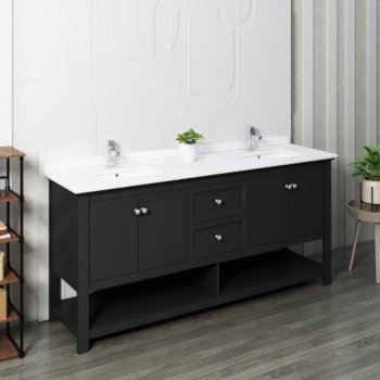 Fresca Manchester 72" Black Traditional Double Sink Bathroom Vanity Base Cabinet w/ Top & Sinks, Vanity: 72" W x 20-2/5" D x 34-4/5" H