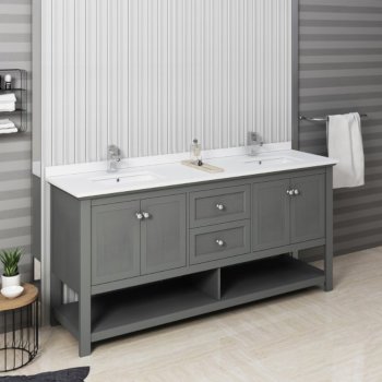 Fresca Manchester Regal 72" Gray Wood Veneer Traditional Double Sink Bathroom Vanity Base Cabinet w/ Top & Sinks, Vanity: 72" W x 20-2/5" D x 34-4/5" H