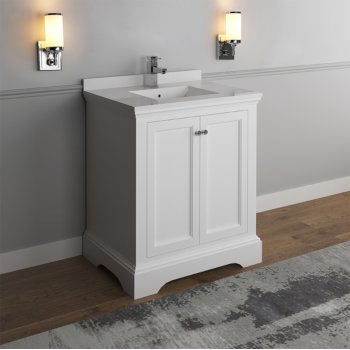 Fresca Windsor 30" Matte White Traditional Bathroom Vanity Base Cabinet w/ Top & Sink, Base Cabinet: 30" W x 20-3/8" D x 34-5/16" H