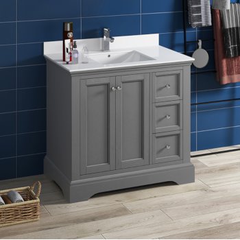 Fresca Windsor 36" Gray Textured Traditional Bathroom Vanity Base Cabinet w/ Top & Sink, Base Cabinet: 36" W x 20-3/8" D x 34-5/16" H